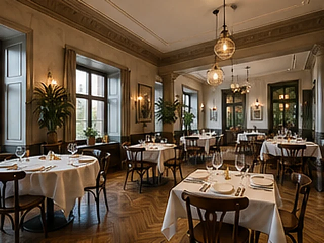 Sala restauracji z nakrytymi stołami i ciepłym światłem lamp