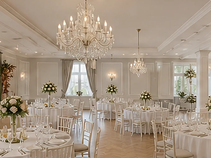 Sala balowa hotelu z okrągłymi stołami i żyrandolami