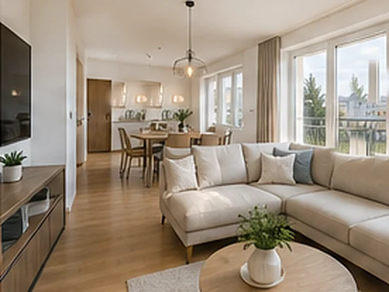 Jasny salon mieszkania z narożną sofą i oknami na balkon