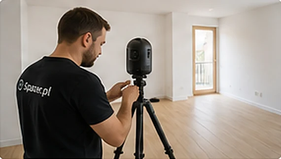 Fotograf poziomuje kamerę 360 na statywie w jasnym mieszkaniu
