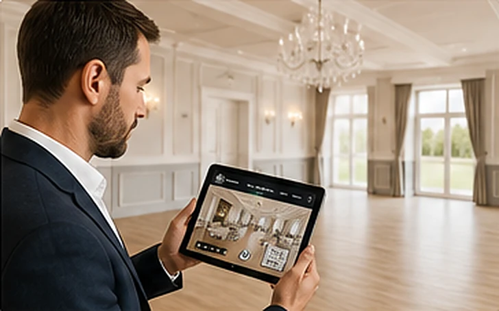 Menedżer obiektu ogląda spacer 360 sali na tablecie