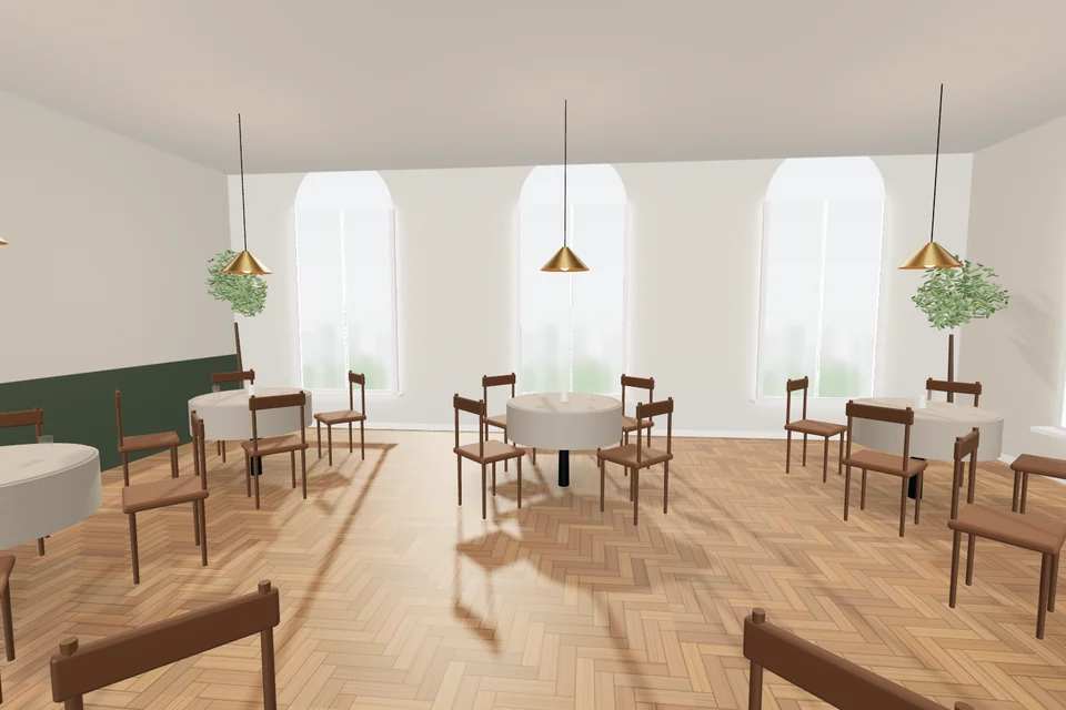 Sala restauracji z nakrytymi stołami w podglądzie spaceru 360