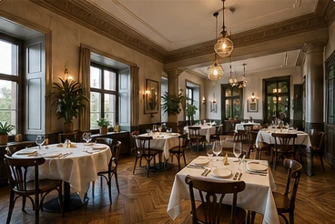Sala restauracji z nakrytymi stołami i boazerią w panoramie na wizytówce